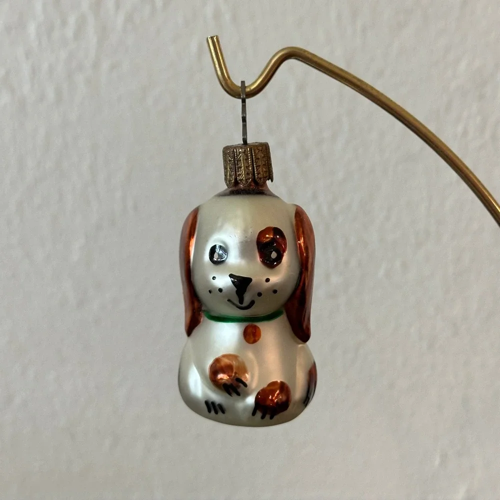Vintage Blown Glass Spotted Puppy Dog Christmas Ornament Copper White 3.5 Inch